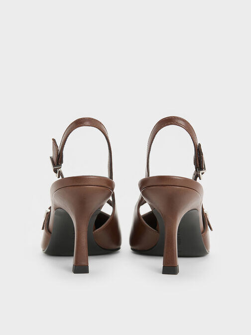 T-Bar Pointed-Toe Slingback Pumps, Brown, hi-res