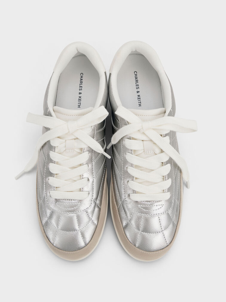 Metallic Low-Top Sneakers, Silver, hi-res