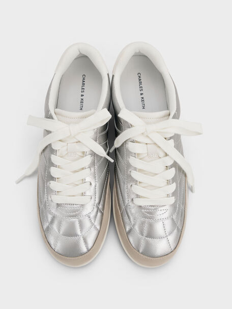 Metallic Low-Top Sneakers, Silver, hi-res