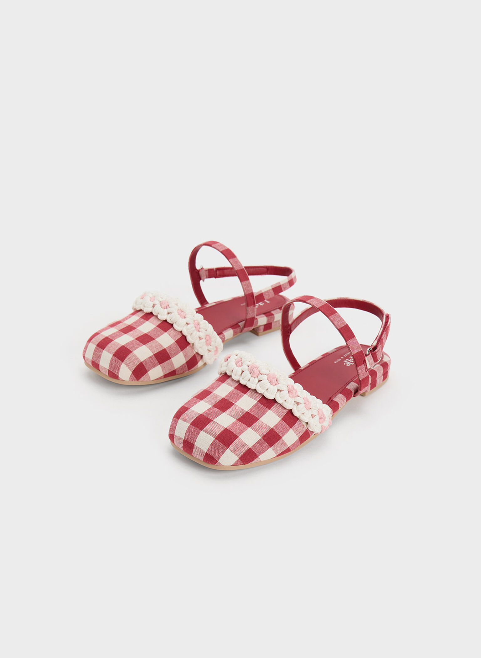 Girls' Floral Crochet Checkered Slingback Flats, Red, hi-res