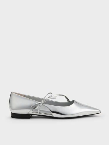 Metallic Pointed-Toe Bow-Strap Flats, Silver, hi-res