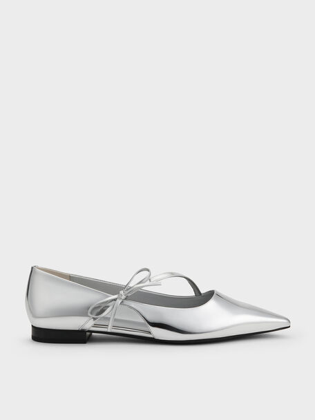 Metallic Pointed-Toe Bow-Strap Flats, Silver, hi-res