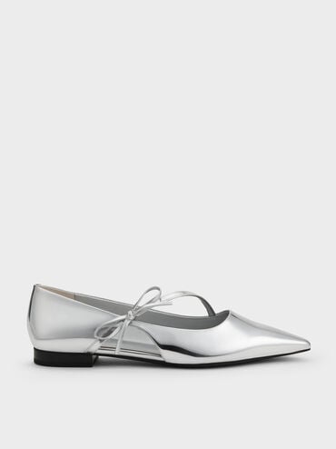 Metallic Pointed-Toe Bow-Strap Flats, Silver, hi-res