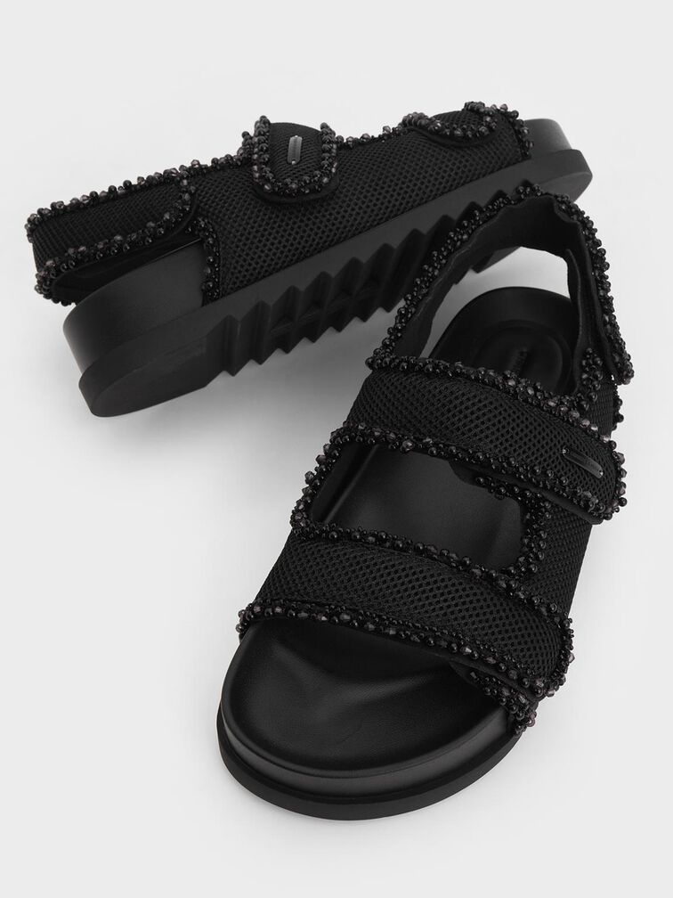 Mesh Pearl-Embellished Flatform Sandals, Black Textured, hi-res