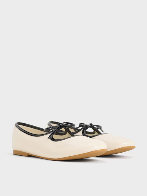 Girls' Patent Two-Tone Bow Ballet Flats, Chalk, hi-res