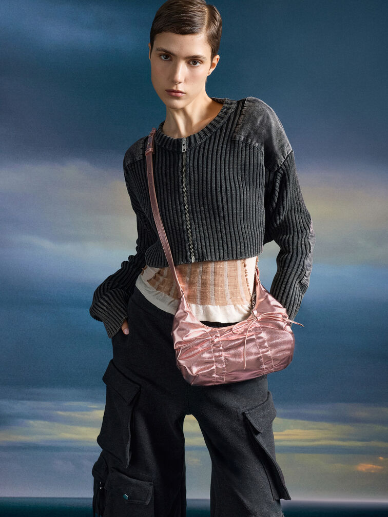 Kadee Metallic Ruched Bow-Charm Hobo Bag, Aura Pink, hi-res