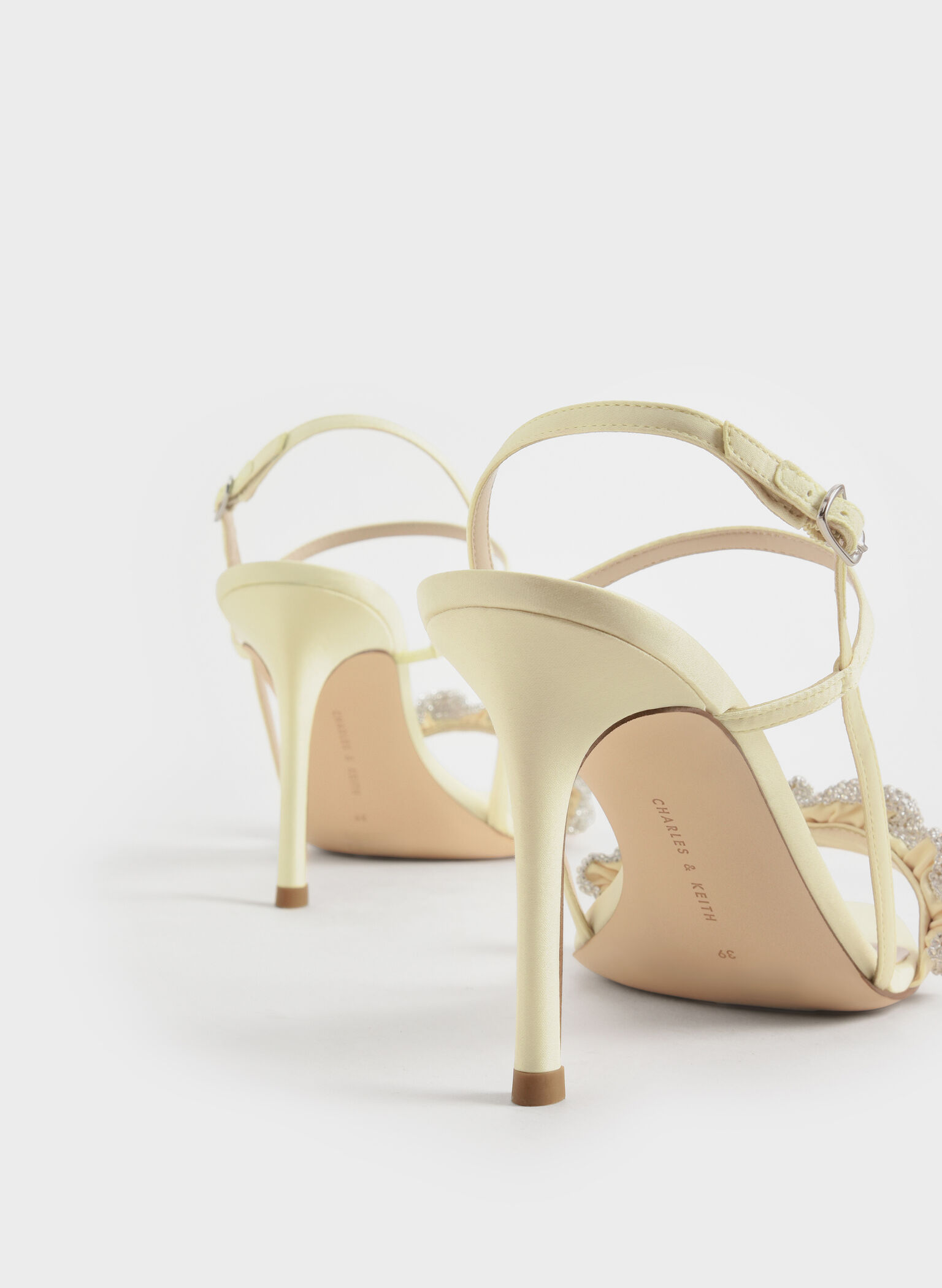 Gem-Embellished Satin Stiletto Sandals, Yellow, hi-res