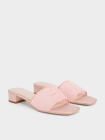 Mesh Sequinned Block-Heel Mules, Nude, hi-res