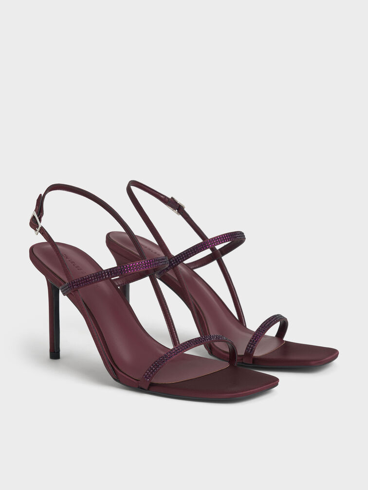 Arona Satin Crystal-Embellished Stiletto-Heel Sandals, Burgundy, hi-res