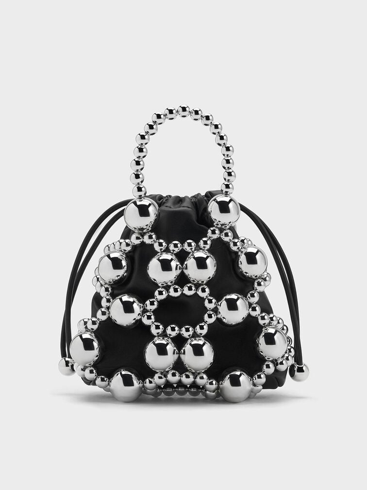 Beaded Top Handle Bag, Silver, hi-res