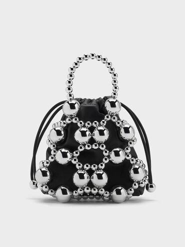 Beaded Top Handle Bag, Silver, hi-res