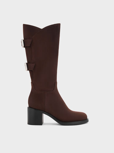 Masei Faux Suede Grommet-Strap Knee-High Boots, Dark Brown, hi-res