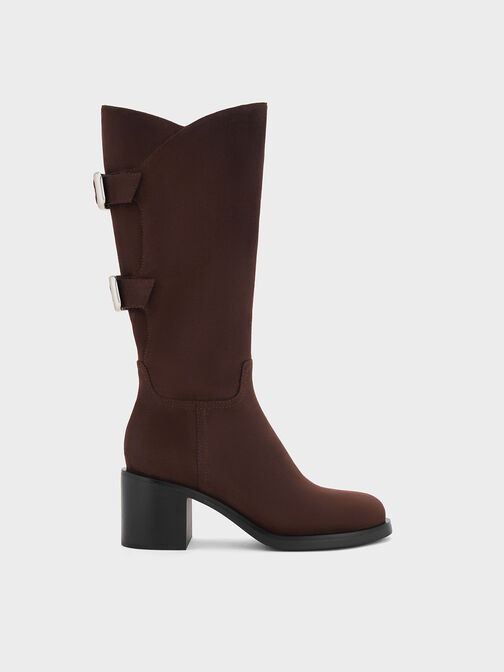 Masei Faux Suede Grommet-Strap Knee-High Boots, Dark Brown, hi-res