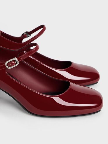 Patent Block-Heel Mary Jane Pumps, Maroon, hi-res
