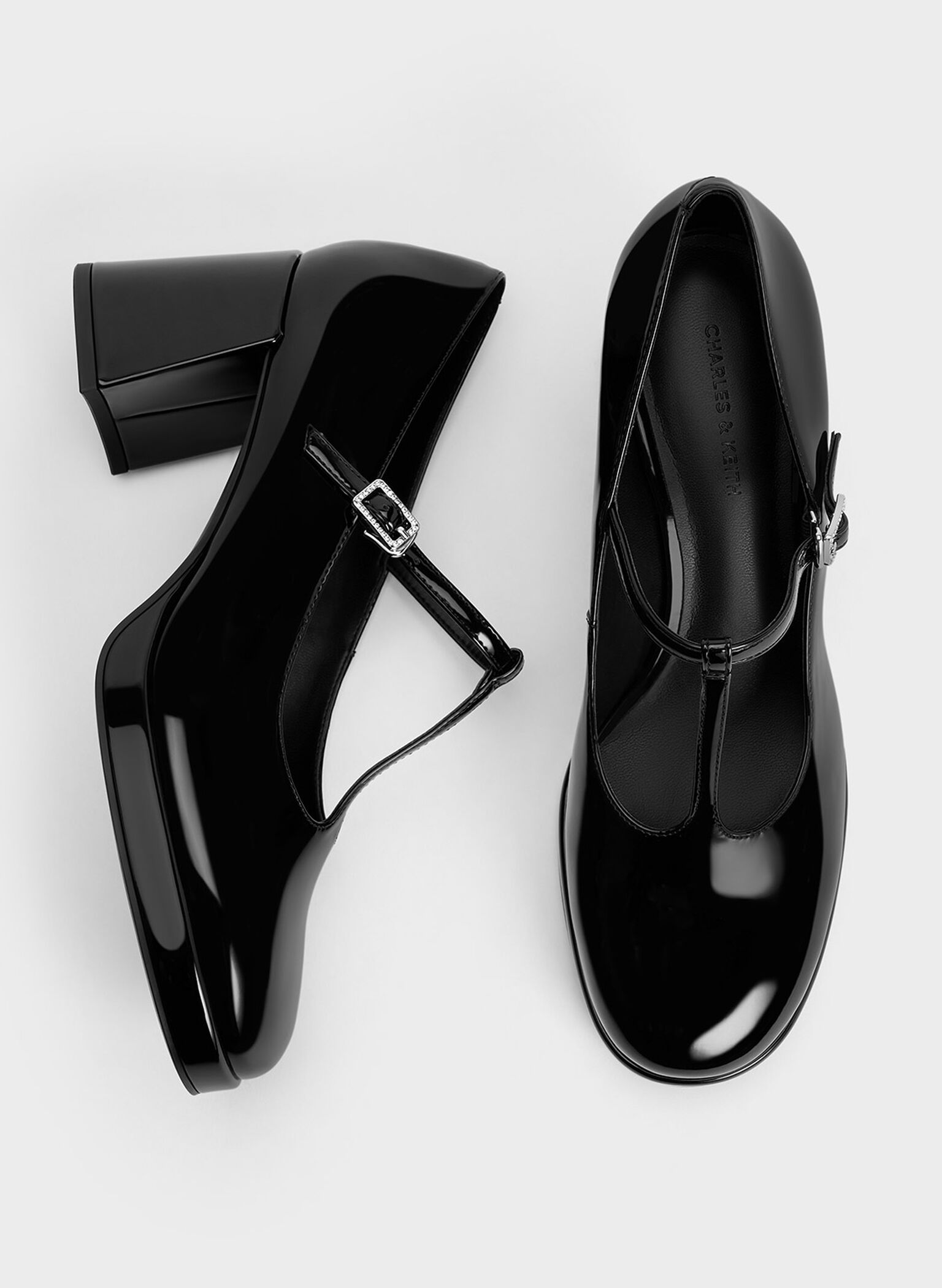 Crystal-Buckle T-Bar Mary Jane Pumps, Black Box, hi-res