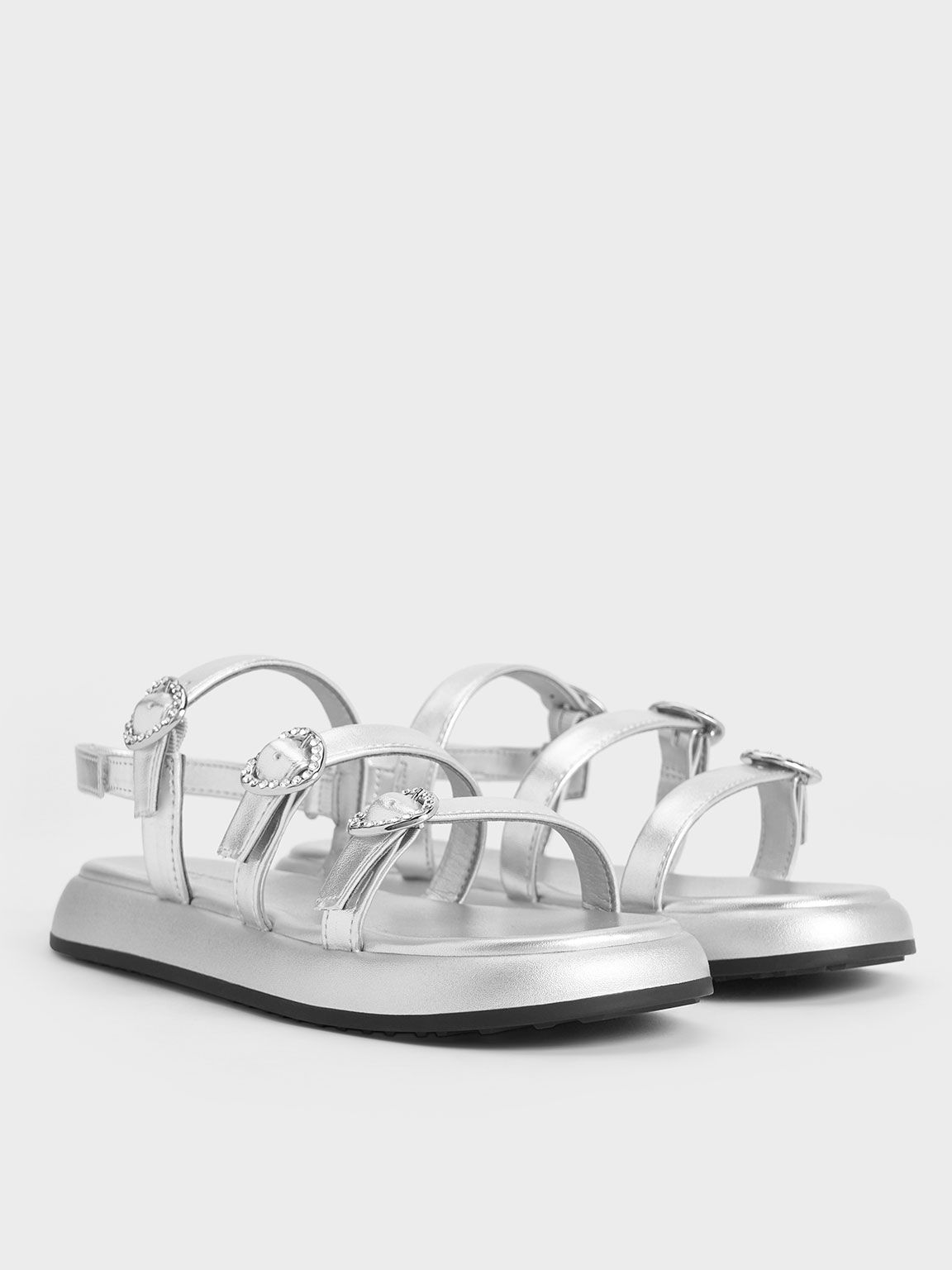 Silver Girls Metallic Heart Embellished Strappy Sandals CHARLES KEITH UK