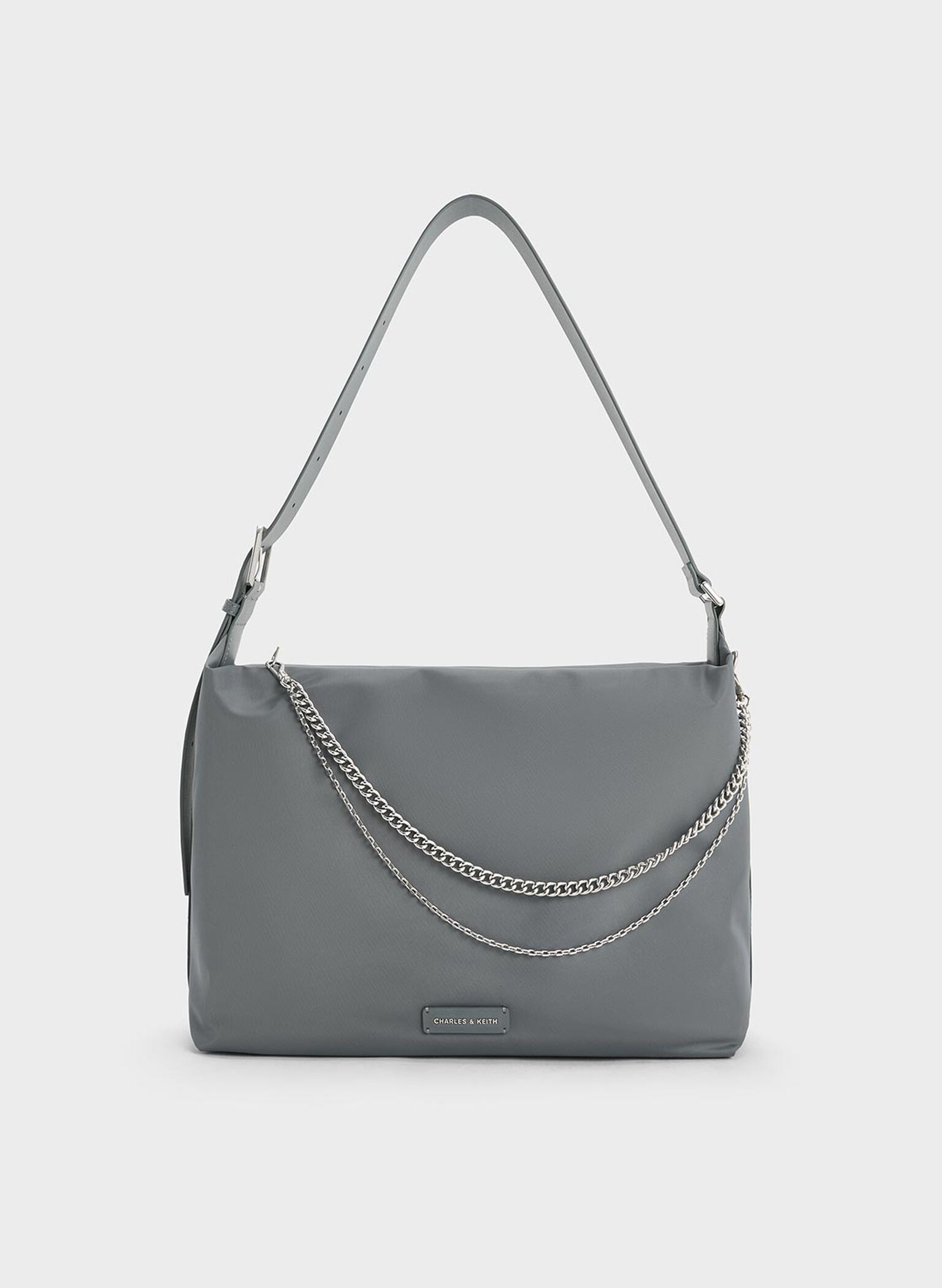 Nylon Chain-Link Slouchy Shoulder Bag, Grey, hi-res