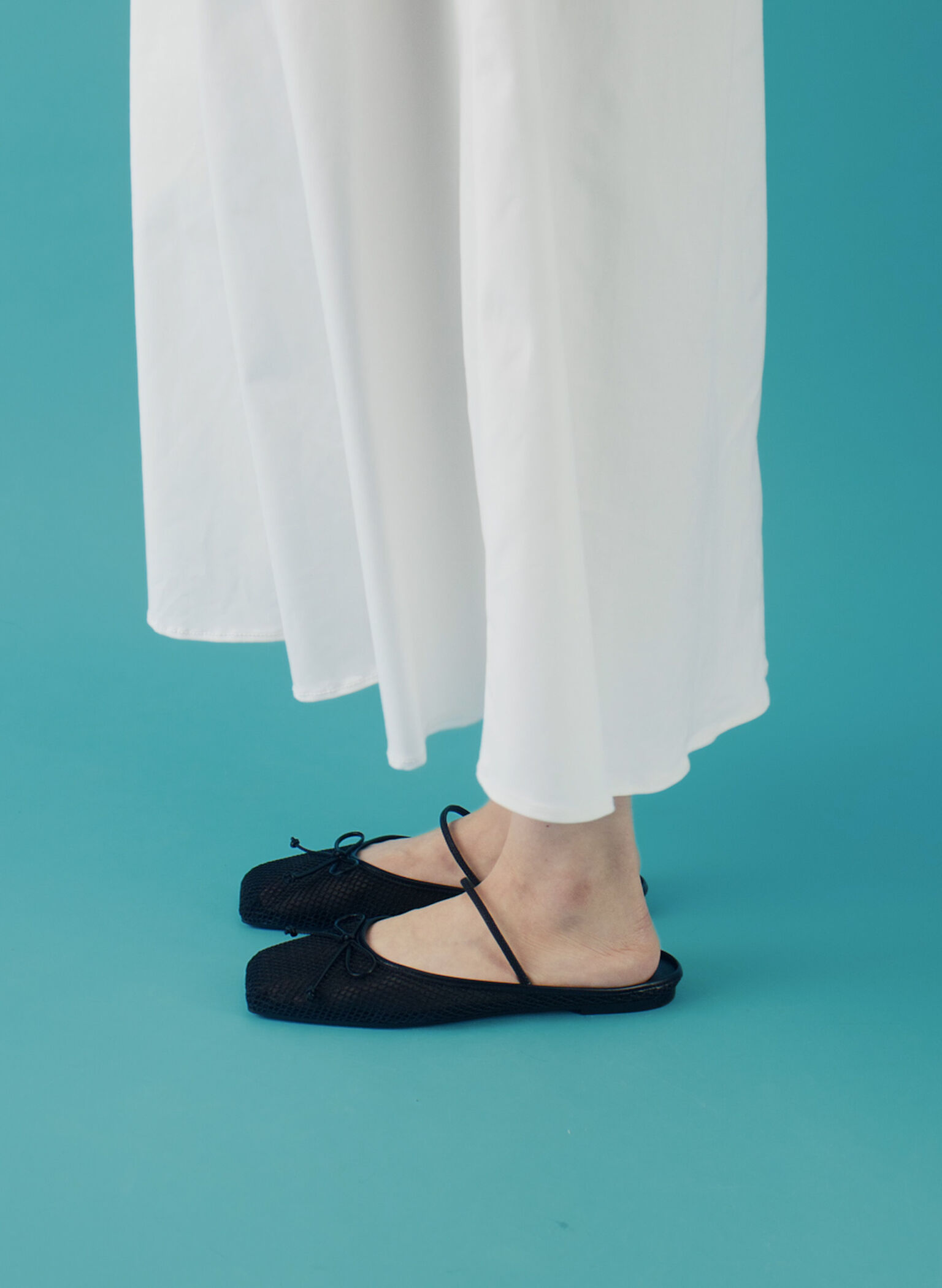 Mesh Bow Square-Toe Ballet Mules, Black Textured, hi-res