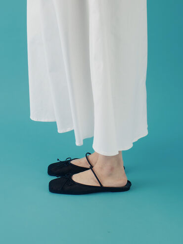 Mesh Bow Square-Toe Ballet Mules, Black Textured, hi-res
