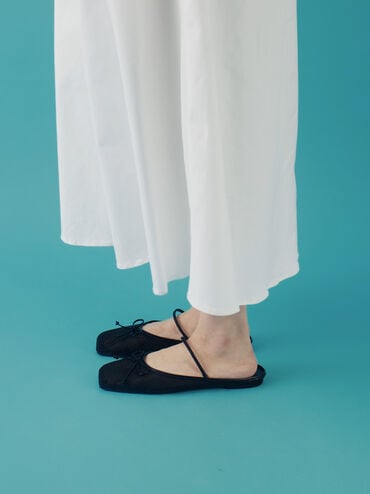 Mesh Bow Square-Toe Ballet Mules, Black Textured, hi-res