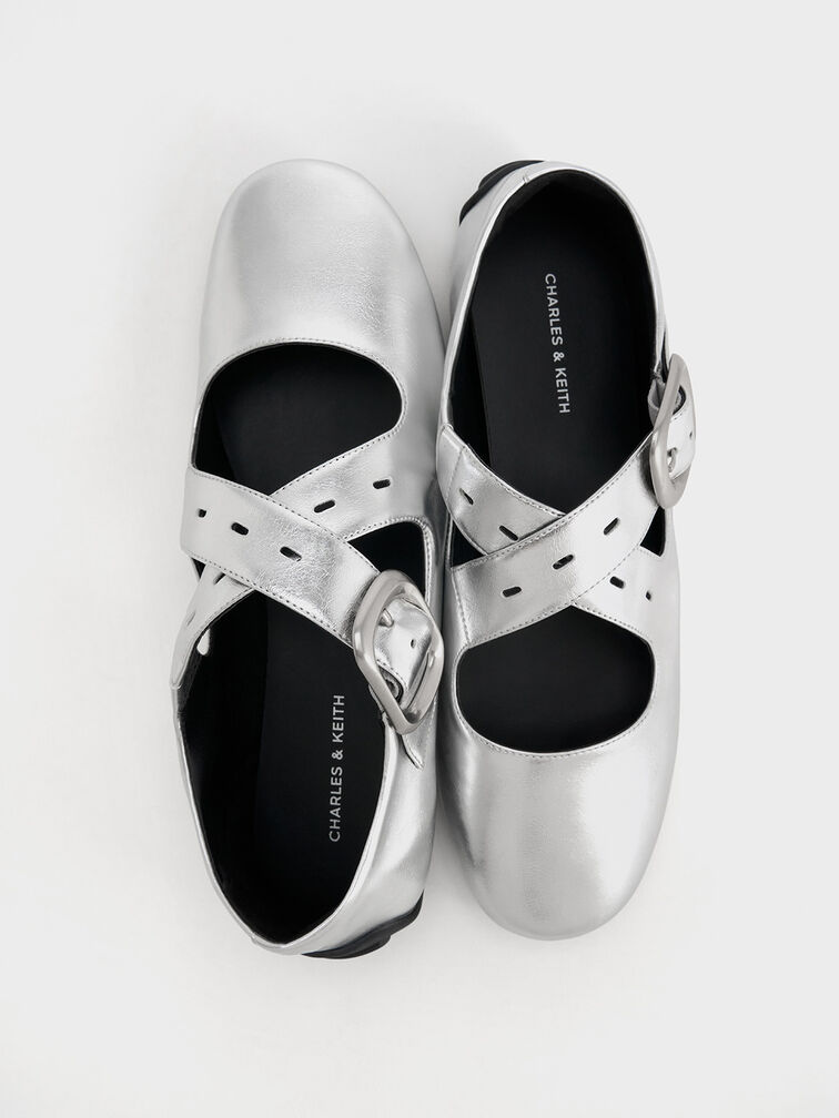 Metallic Crossover-Strap Mary Janes, Silver, hi-res