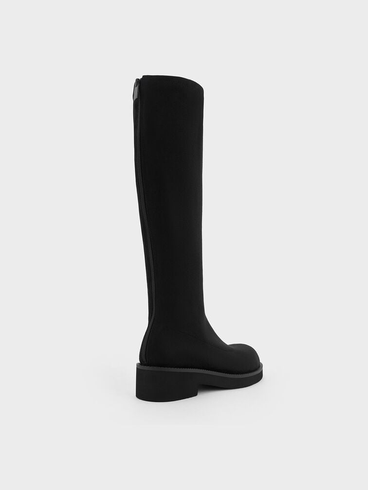 Faux Suede Chunky-Sole Knee-High Boots, Black Textured, hi-res
