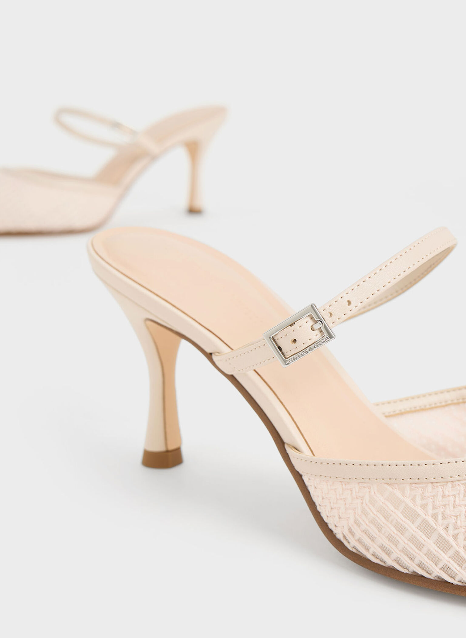Mesh Woven Heeled Mules, Cream, hi-res