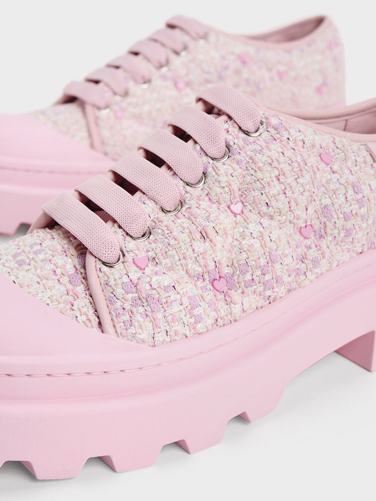 Dahlia Tweed Heart-Print Chunky Sneakers, Pink, hi-res