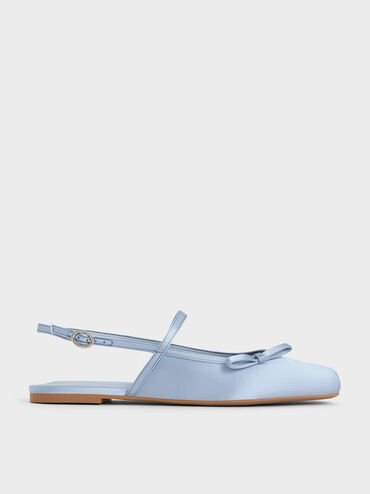 Satin Bow Slingback Mary Jane Flats, Light Blue, hi-res