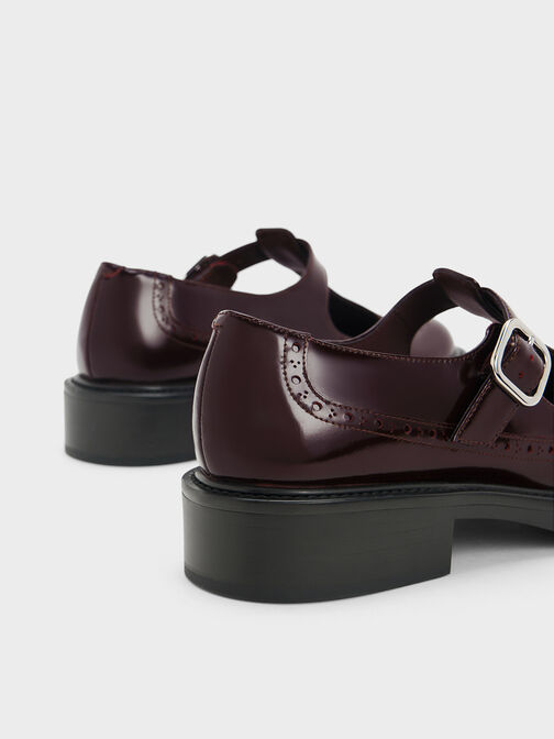 Brogue Leather T-Bar Mary Janes, Maroon, hi-res