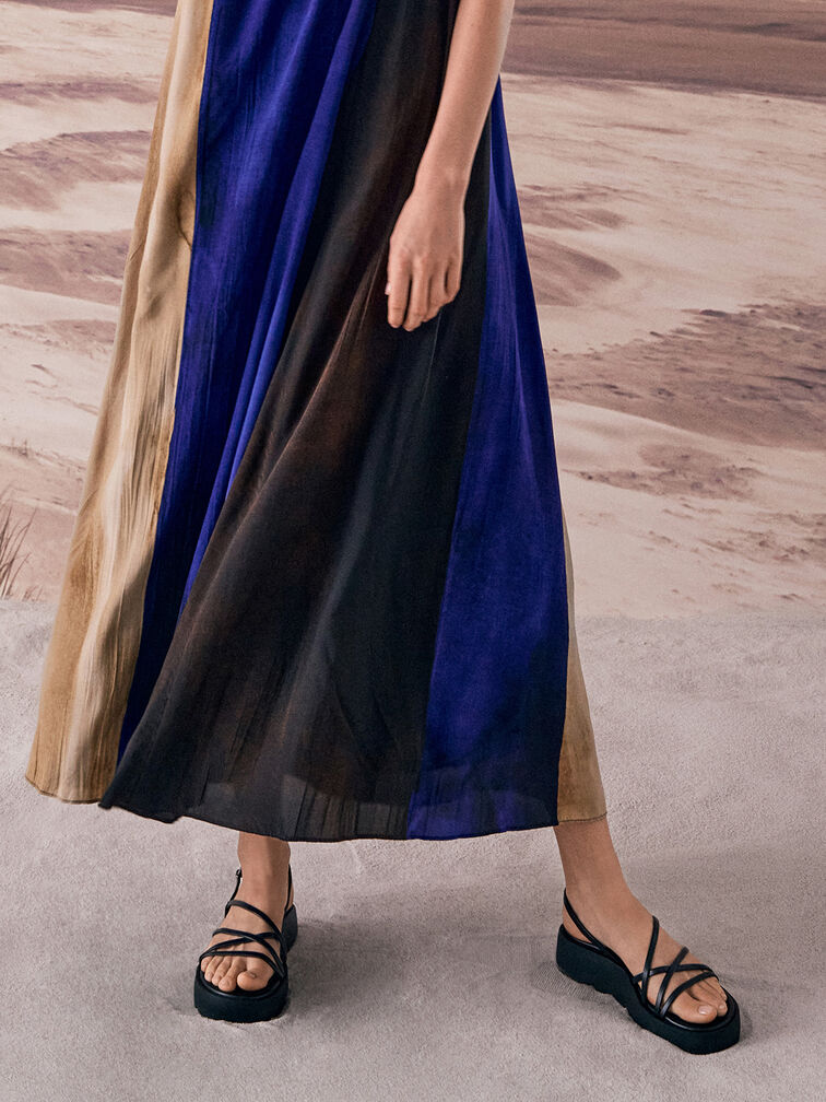 Strappy Ridged-Sole Flatform Sandals, Black, hi-res