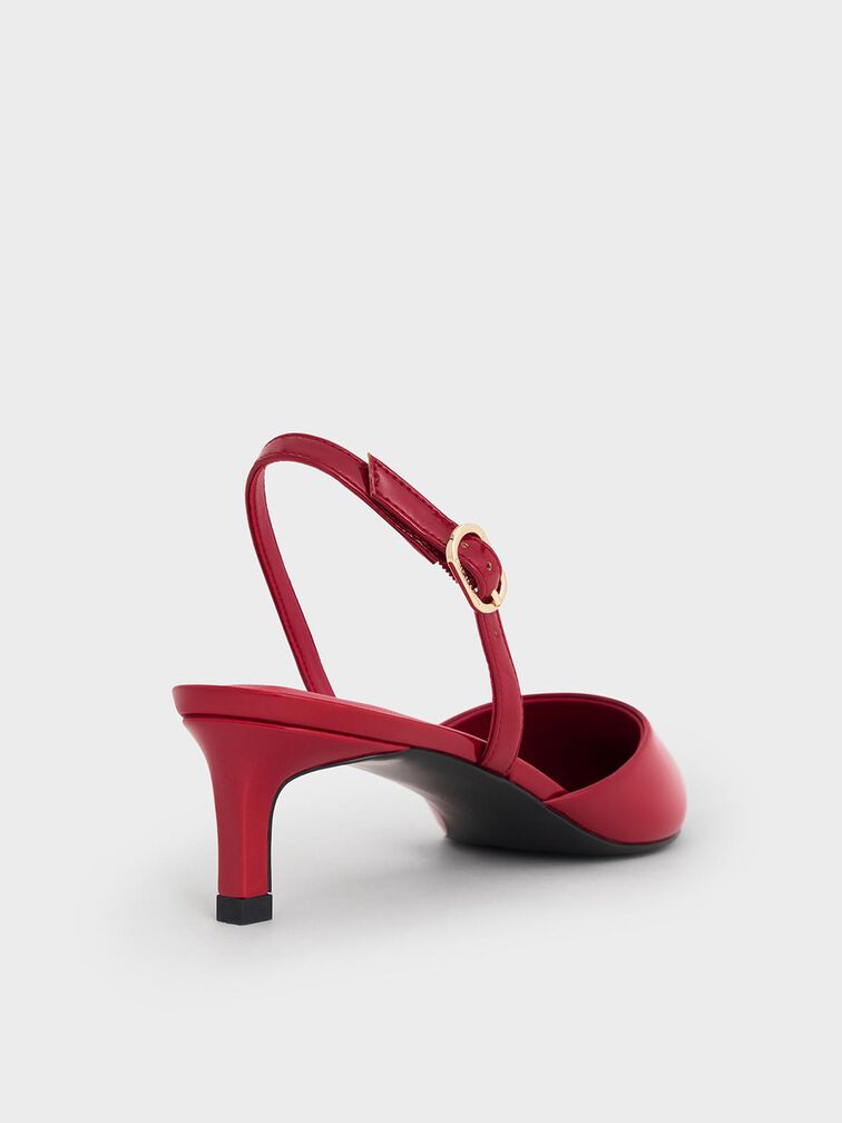 Patent Pointed-Toe Slingback Kitten Heels, Red, hi-res