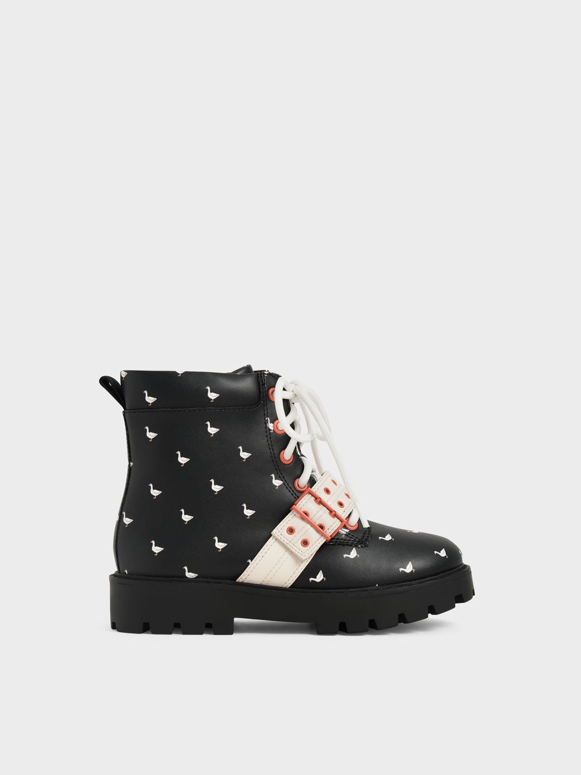 Girls' Printed Lace-Up Ankle Boots, Black Textured, hi-res