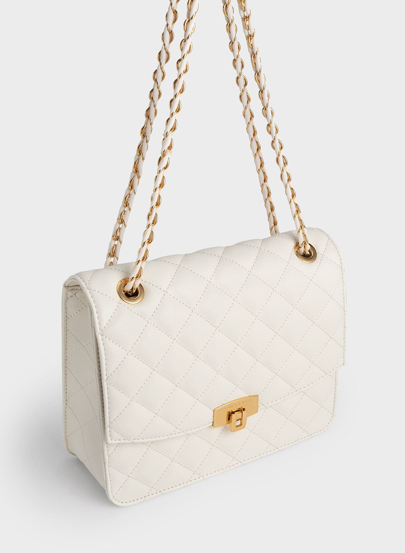Quilted Chain Strap Clutch, Cream, hi-res