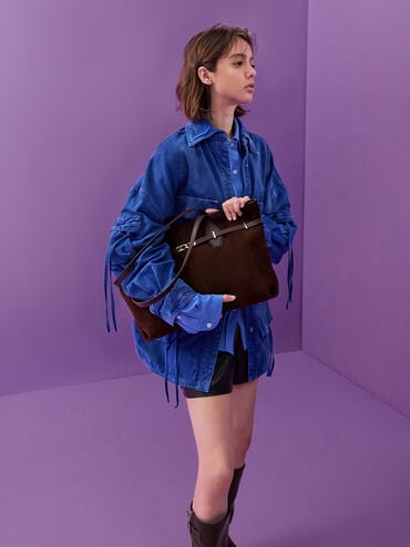 Arlet Recycled Suede Double-Handle Belted Tote Bag, Espresso Brown, hi-res