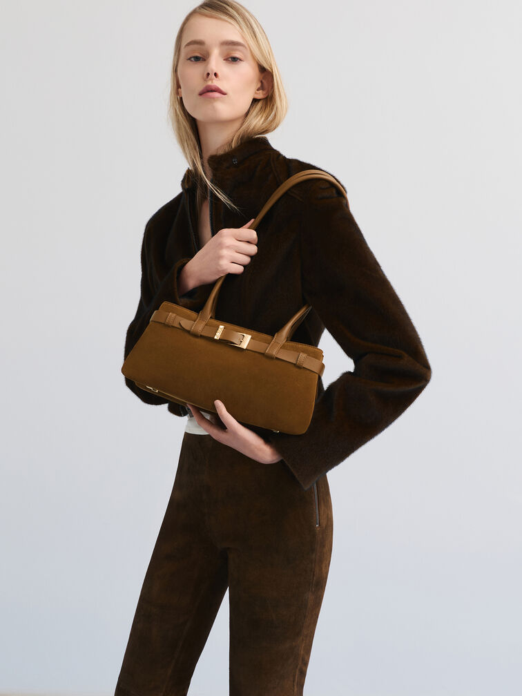 Jody Suede Belted Shoulder Bag, Ember Brown, hi-res