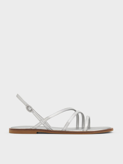 Metallic Asymmetric Triple-Strap Sandals, Silver, hi-res