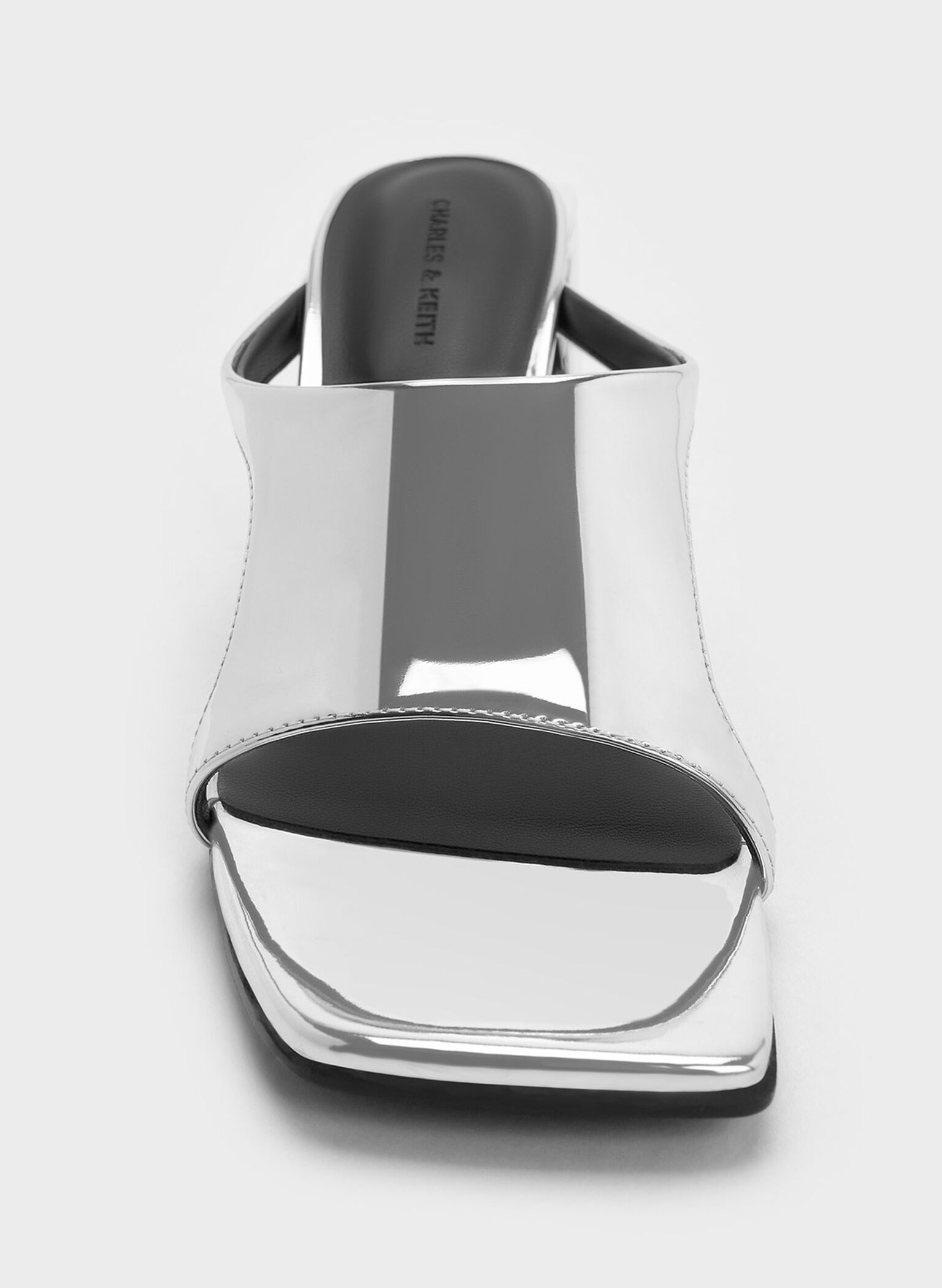 Xeli Metallic Triangle-Heel Mules, Silver, hi-res