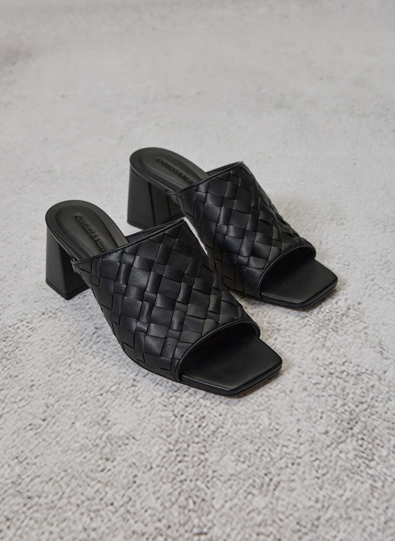 Woven Square-Toe Heeled Mules, Black, hi-res