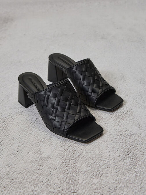 Woven Square-Toe Heeled Mules, Black, hi-res