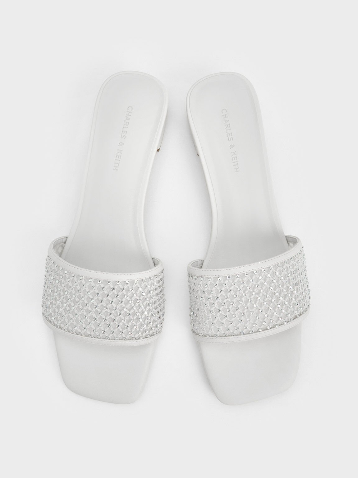 Satin Crystal Embellished Heeled Mules White