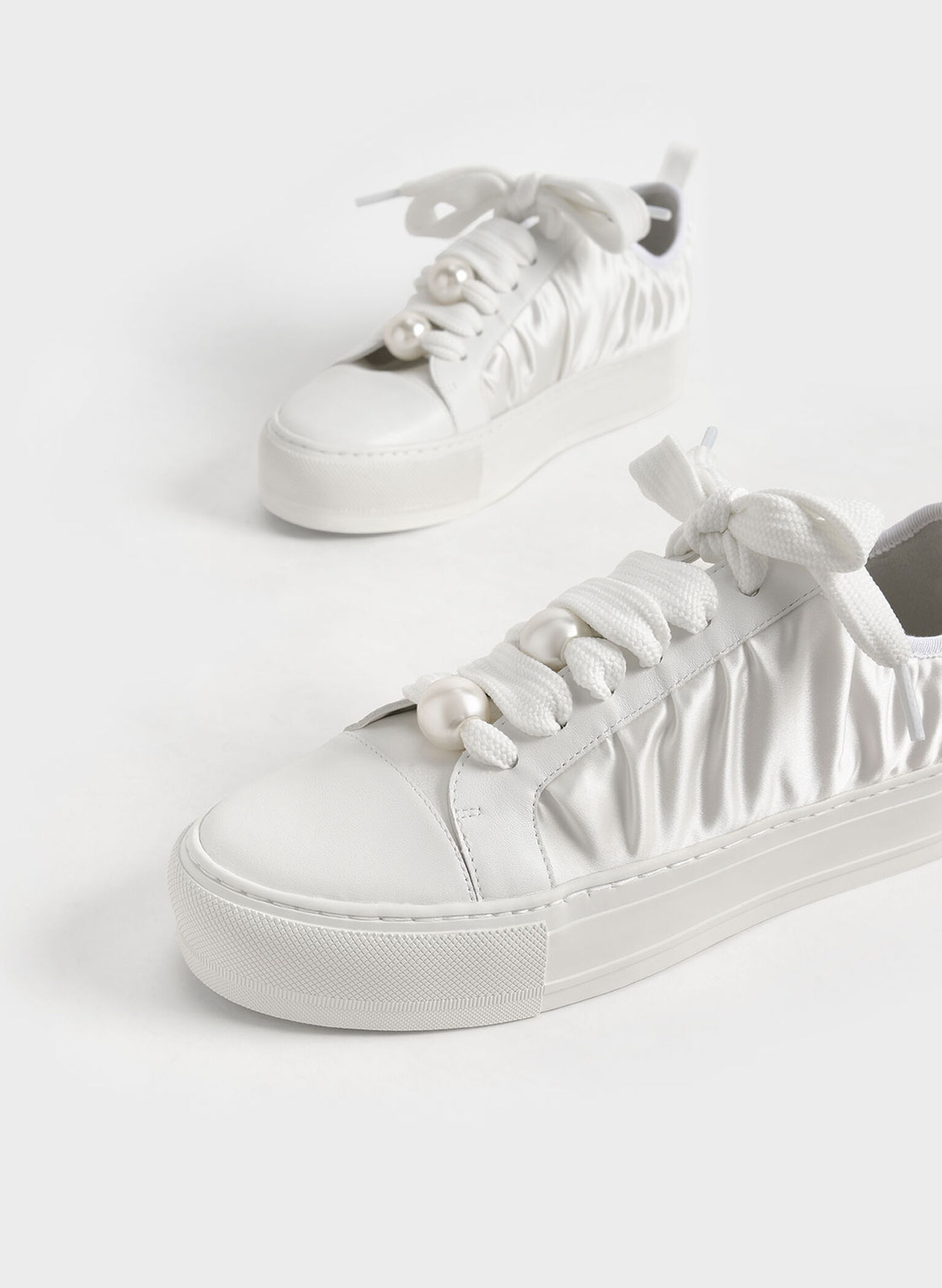 Blythe Leather & Satin Bead-Embellished Sneakers, White, hi-res