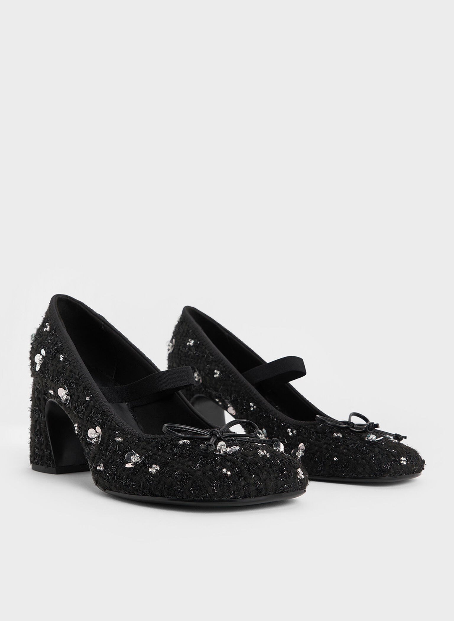 Mino Tweed Sequin-Flower Mary Jane Pumps, Black Textured, hi-res