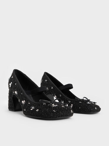Mino Tweed Sequin-Flower Mary Jane Pumps, Black Textured, hi-res