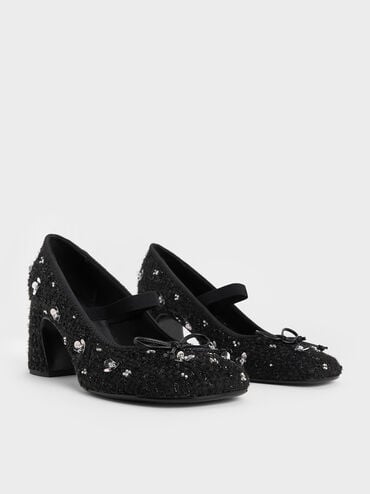 Mino Tweed Sequin-Flower Mary Jane Pumps, Black Textured, hi-res