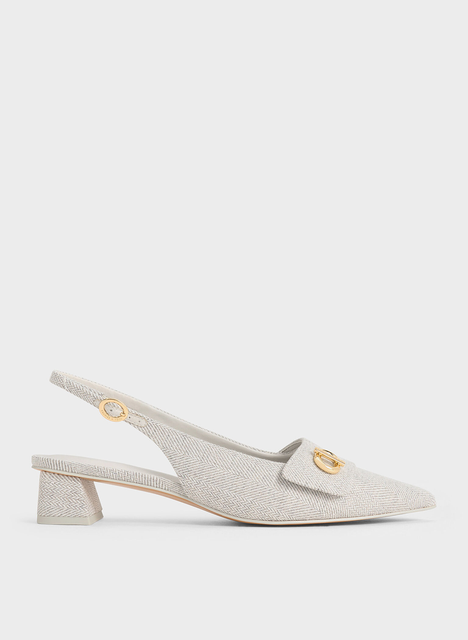 Tweed Metallic-Accent Pointed-Toe Slingback Pumps, Light Grey, hi-res