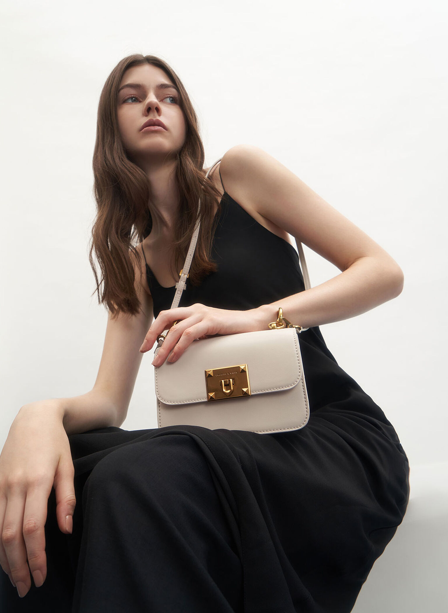 Metallic Turn-Lock Bag, Ivory, hi-res