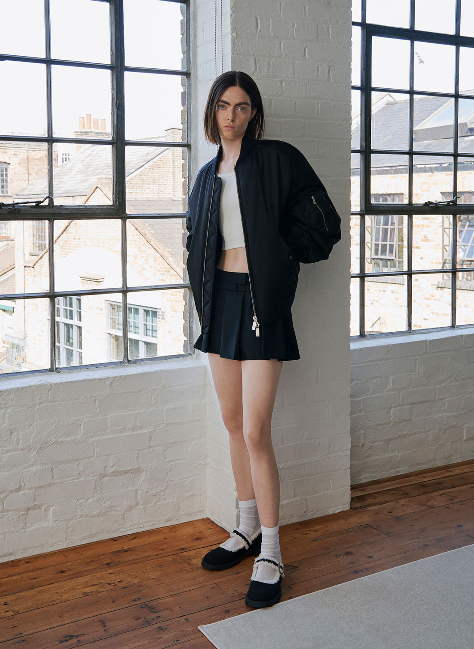 Textured Fur-Trim Buckled Mary Janes, Black Textured, hi-res