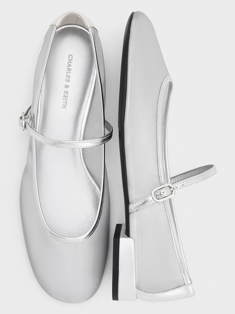 Gertrude Mesh Mary Jane Flats, Silver, hi-res