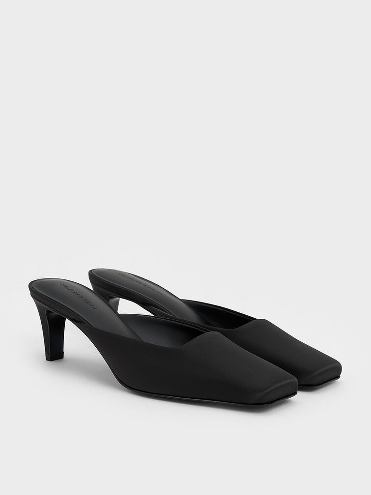 Satin Square-Toe Blade-Heel Mules, Black Textured, hi-res